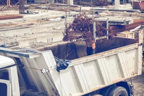 Unloading bundles of angled rebar Stock Photos