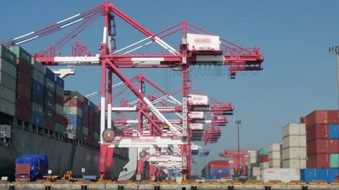 Unloading container to ship by industrial line gantry crane. Stock-Footage 121992947