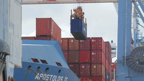 Unloading container to ship industrial line gantry crane 4k creative business  Stock Footage 152010254