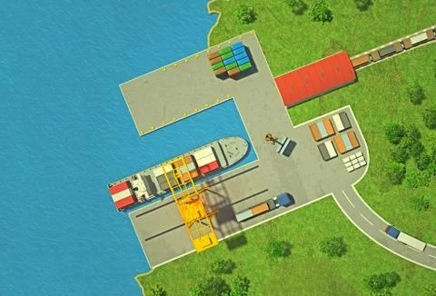 Unloading of a container ship top view Stock Illustration