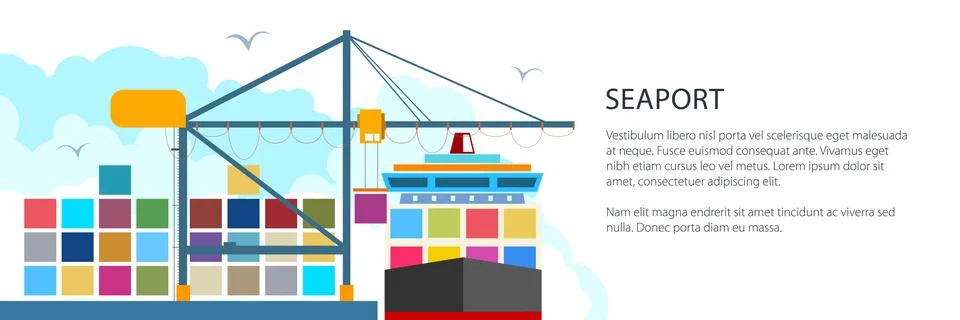 Unloading Containers from a Cargo Ship, Banner Stock Illustration