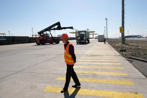 Unloading of containers at the station 写真素材