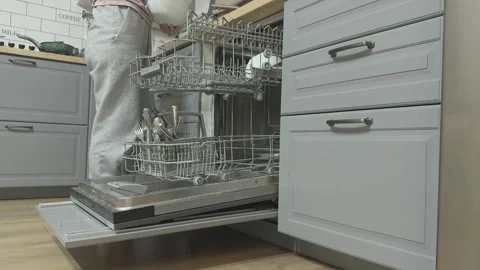 Unloading Dishwasher Kitchen Routine, Concept Of Household Chores Vídeos de archivo 341865987