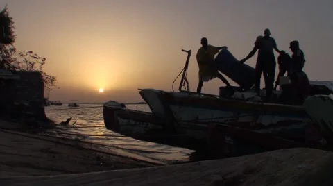 Unloading of the fish in the sunset it casamance Stock Footage 52252278