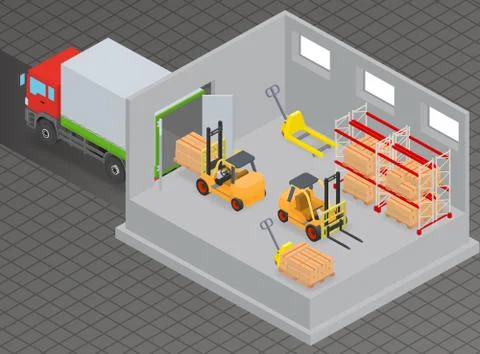 Unloading of goods in a warehouse using forklift. Stock Illustration