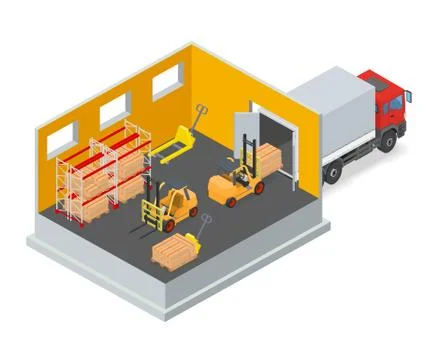 Unloading of goods in a warehouse using forklift Stock Illustration