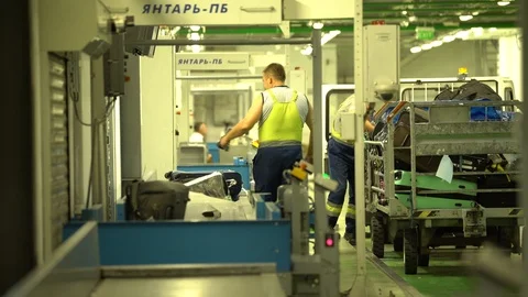 Unloading luggage that has arrived for issue to passengers. 4K Stock Footage 117173841