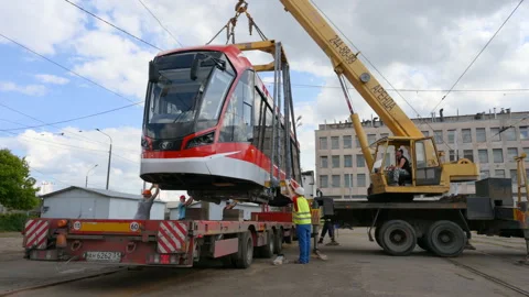 Unloading the new tram in tramway depot in St. Petersburg, Russia Stock Footage 122122154