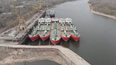 Unloading of the Oil tanker loaded with light oil products. Russia. Volgograd. Stock Footage 111384287