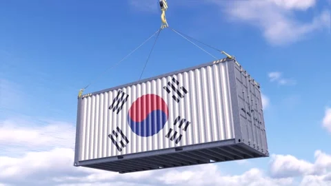 Unloading (or loading) of a sea container in the national colors of South Korea Stock Footage 285408416