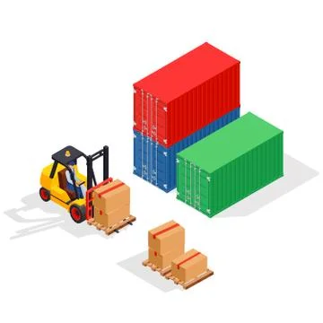Unloading of sea cargo containers by a forklift. Stock Illustration