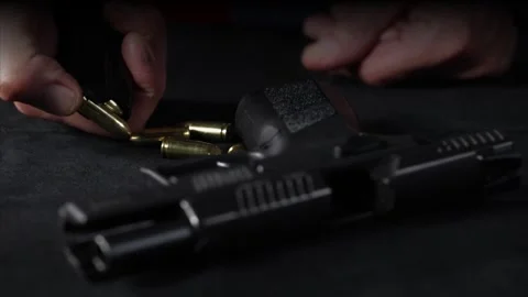 Unloading of semi automatic compact pistol magazine caliber 9 luger of czech pro 스톡 동영상 296379589