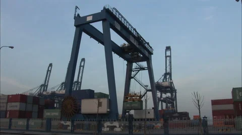 Unloading ship cargo, shipyard, China Stock Footage 53448326