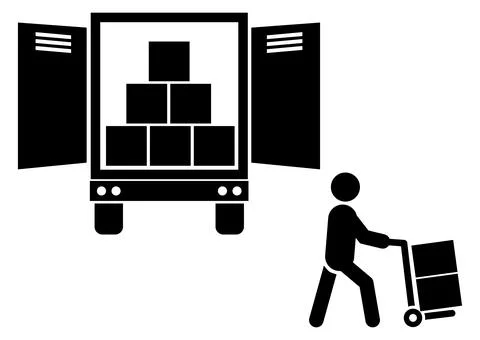 Unloading truck icon. Worker unloading boxes from truck sign. Delivery man .. Stock Illustration