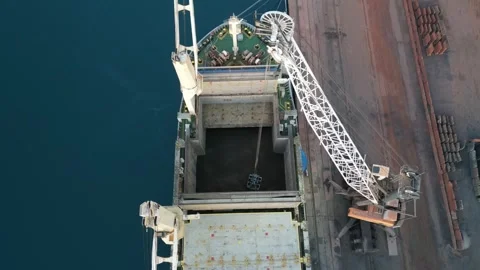 Unloading of the vessel in the port with the help of shore cranes. Open holds Stock Footage 313496255