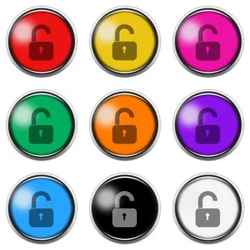 Unlock button icon set isolated on white with clipping path 3d illustration Stock Illustration