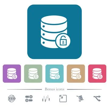 Unlock database flat icons on color rounded square backgrounds 库存插图