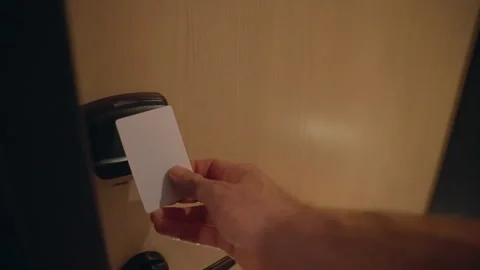 Unlock door with smart card key. Person using electronic keycard for Stock Footage 280691256