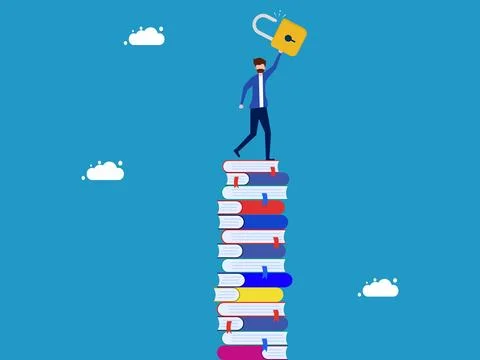 Unlock education or learning. man holding key standing on high pile of books Stock Illustration