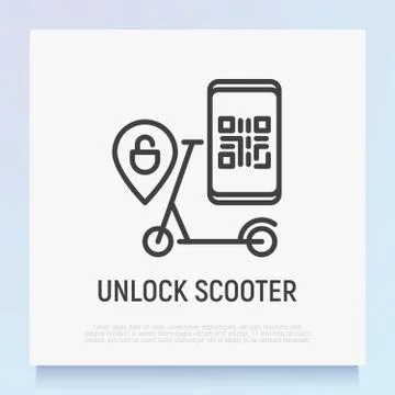 Unlock electric scooter by QR code. Thin line icon Stock Illustration