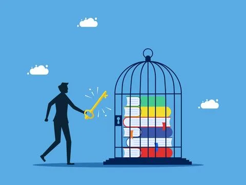 Unlock the freedom to learn new things. man unlocks the book in the cage. con Stock Illustration