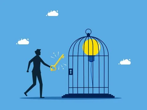 Unlock the freedom to learn new things. Businessman winds up a light bulb bal Stock Illustration