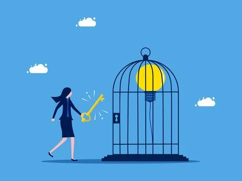 Unlock the freedom to learn new things. Businesswoman winds up a light bulb b Stock Illustration