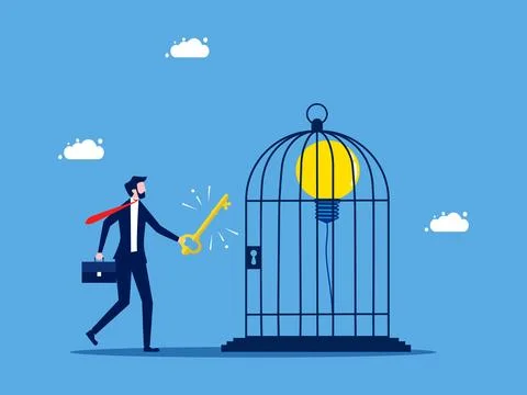 Unlock the freedom to learn new things. Businessman winds up a light bulb bal Stock Illustration