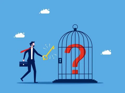 Unlock the problem. Businessman unlocking the question mark in the cage Stock Illustration