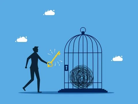 Unlock the problem of chaos. man unlocks chaos in the birdcage. concept of bu Illustrazione stock