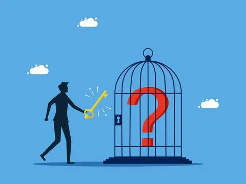 Unlock the problem. man unlocking the question mark in the cage Illustrazione stock
