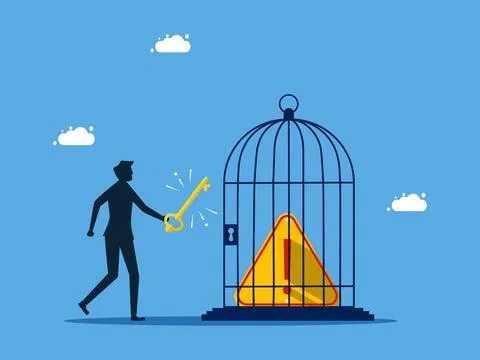 Unlock problems or fix problems. man unlocking exclamation mark in birdcage Illustrazione stock