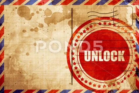 Unlock, red grunge stamp on an airmail background Stock Illustration