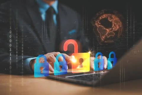 Unlock security digital key icon concept. Hacker attack risk data shield. The Stock Photos