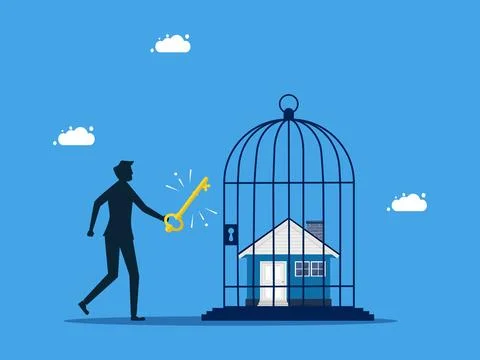 Unlock the value of the asset. man uses a key to unlock a house from a birdca Illustrazione stock