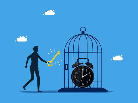 Unlock the value of time. man uses a key to unlock a clock from a birdcage. b Stock Illustration