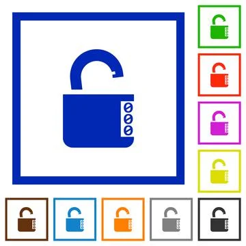 Unlocked combination lock with side numbers flat framed icons Stock Illustration