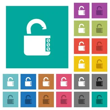 Unlocked combination lock with side numbers square flat multi colored icons Illustrazione stock