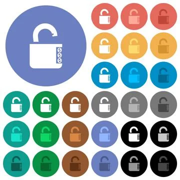 Unlocked combination lock with side numbers round flat multi colored icons Stock Illustration