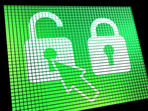 Unlocked padlock computer screen showing access or protection online Illustrazione stock