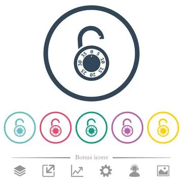 Unlocked round combination lock flat color icons in round outlines Stock Illustration
