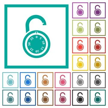 Unlocked round combination lock flat color icons with quadrant frames Stock Illustration