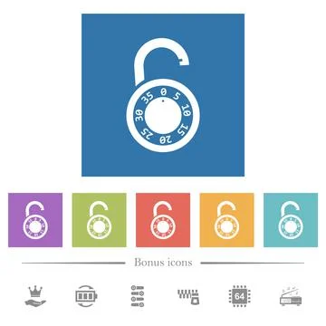 Unlocked round combination lock flat white icons in square backgrounds Illustrazione stock