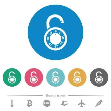 Unlocked round combination lock flat round icons Stock Illustration