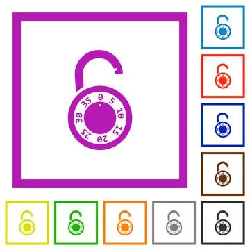 Unlocked round combination lock flat framed icons 库存插图