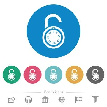 Unlocked round combination lock flat round icons Stock Illustration