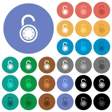 Unlocked round combination lock round flat multi colored icons Stock Illustration