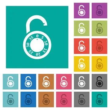 Unlocked round combination lock square flat multi colored icons Stock Illustration