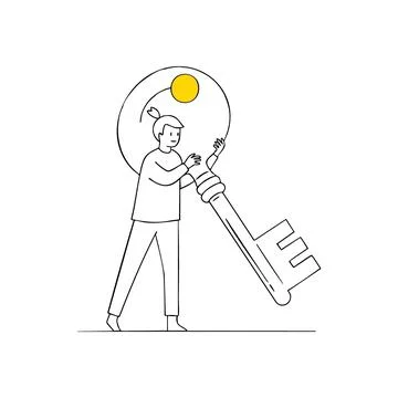 (Unlocking Creative Solutions. An individual grasps a large symbolic instru.. Illustrazione stock