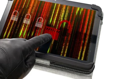 Unlocking online system concept with hand wearing black glove pointing a tabl Stock Photos